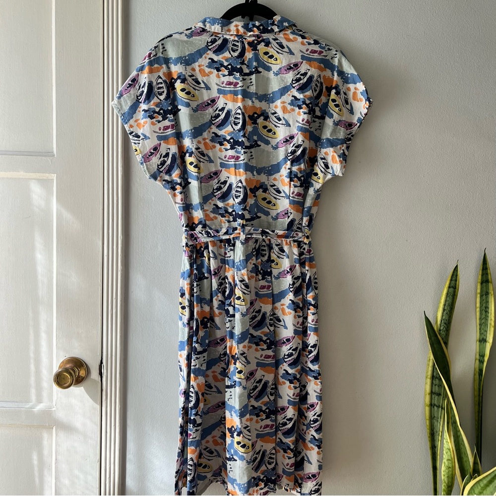Boden• Retro Rowboats Cotton Linen Belted Fit & Flare Shirt Dress•Size 10 - Picture 11 of 16